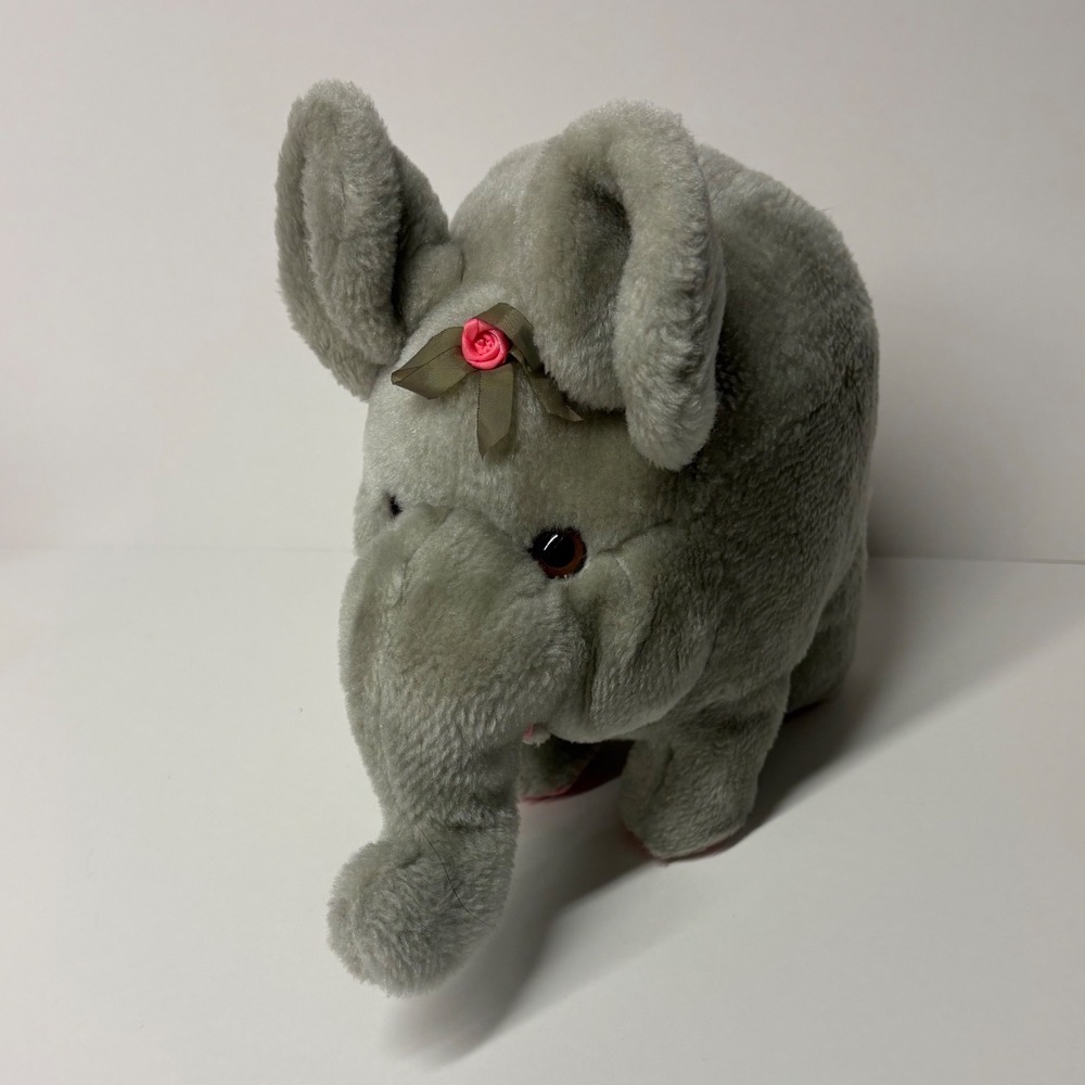 Vintage Chunky Huggable Embrace Grey Elephant Plush Pink Feet Tail Ribbon Rose